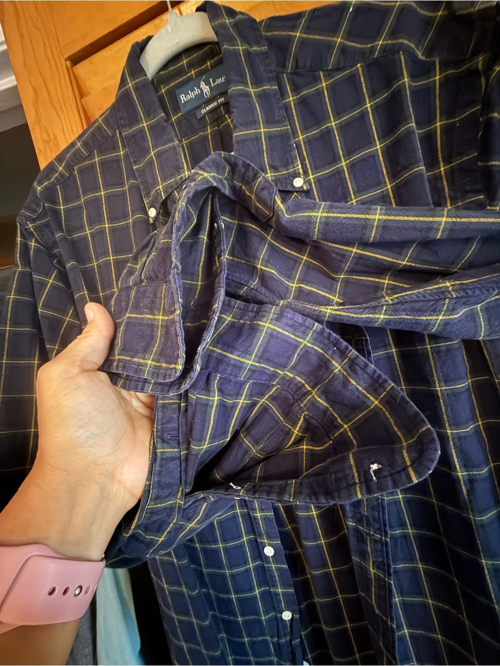 Ralph Lauren Navy and Yellow Windowpane Plaid Button-Down Shirt